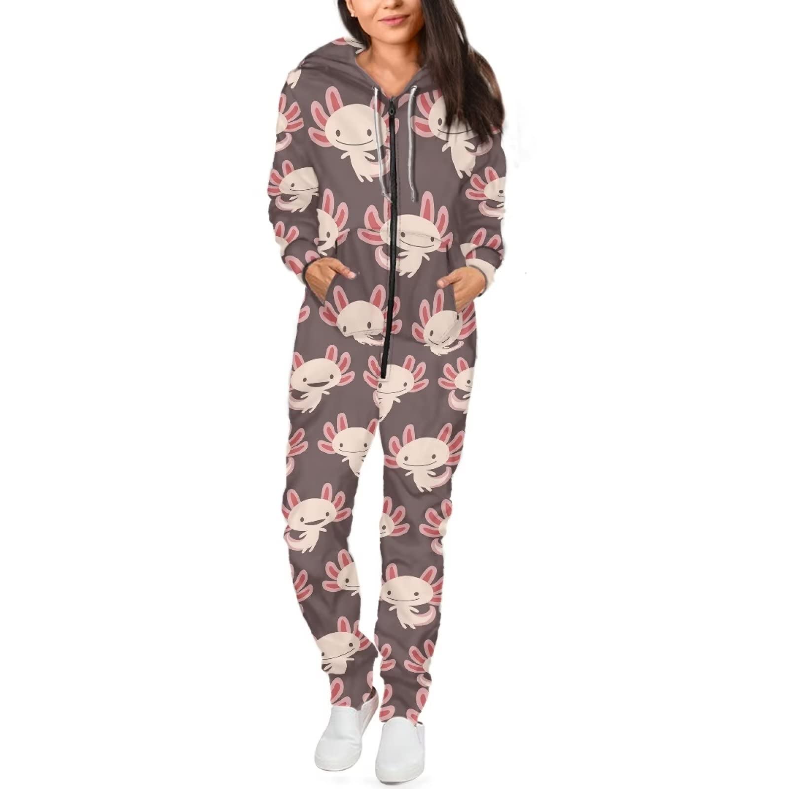 POLERO Pijama de conejo con cremallera para mujer, Pijamas Enteros con capucha y bolsillo para hombre, Axolotl, L