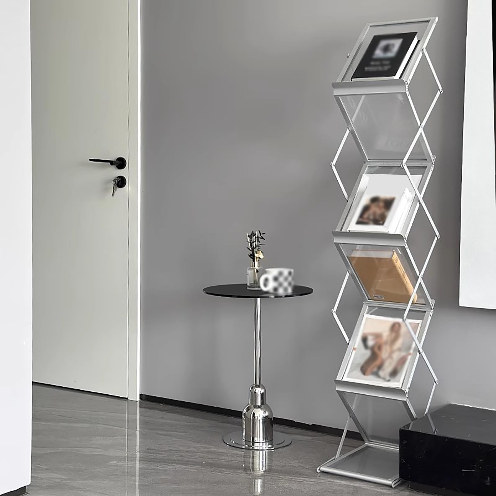 Freistehender Boden-Zeitschriftenständer, Faltbarer Literaturaufbewahrungsständer mit Tasche, Messeausstellungen, Broschürenständer für Krankenhäuser(Silver)