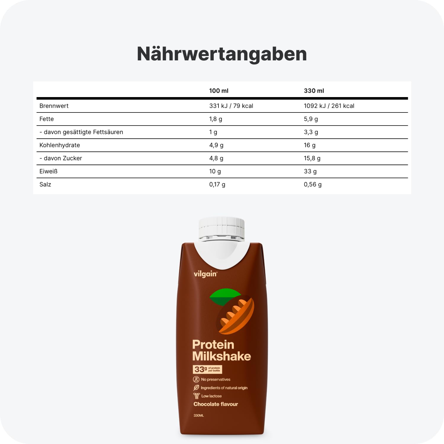 Vilgain Protein Milkshake (12x330 ml) Kakao – 33 g Protein Cremiger Milchshake Ohne Zuckerzusatz, Low Lactose Ready-to-Drink Protein Drink Mit Inulin & Stevia, Fitness Drink Schoko Snack