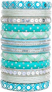 Taasha Craft Reva Cyan Hand Embroidered Colorful Bangles, Handcrafted Cotton Thread Bangle Set for Women & Girls (12 Bangles) Price In India