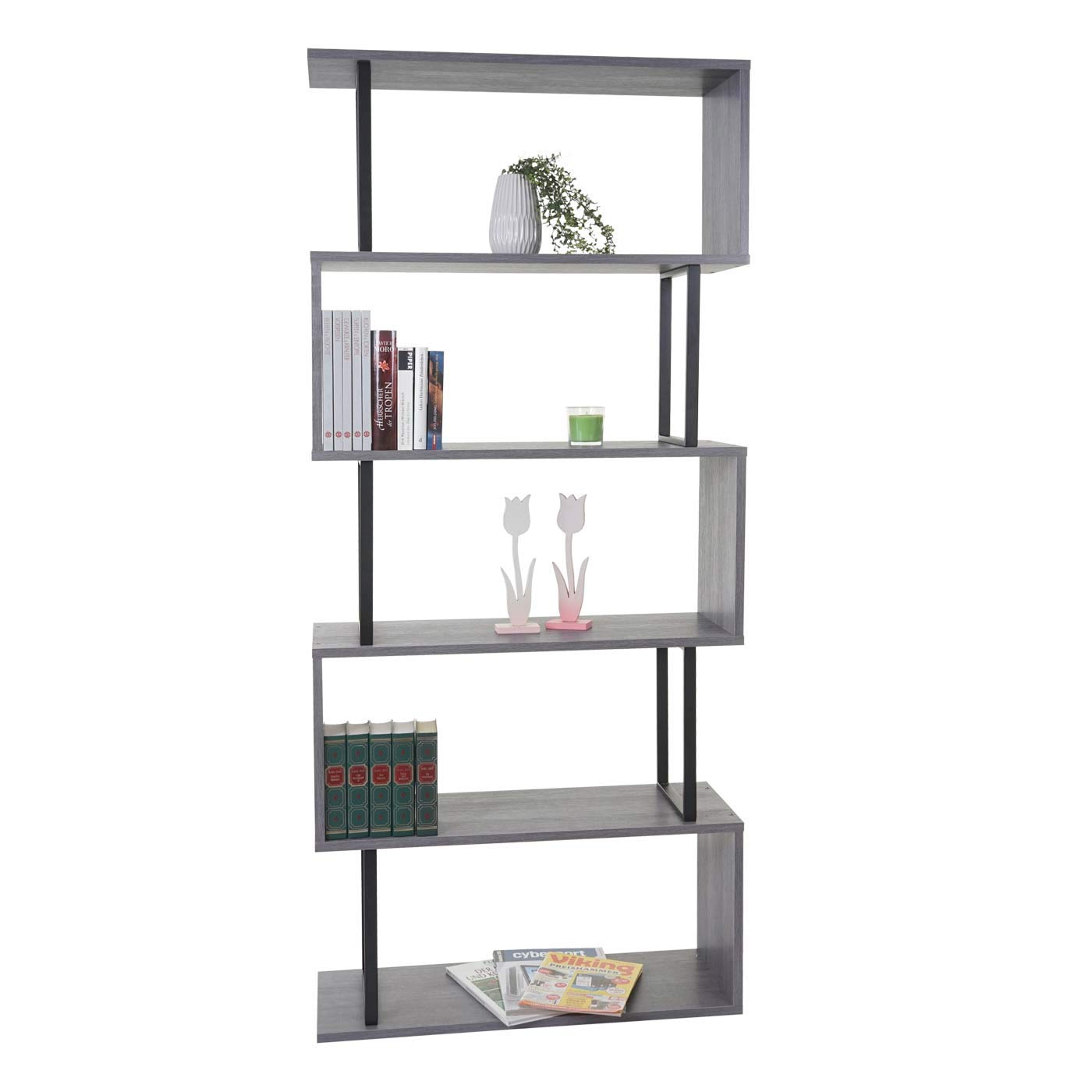 Libreria scaffale 3D MDF HWC-A27 5 Ripiani 30x80x183cm Legno Metallo Grigio
