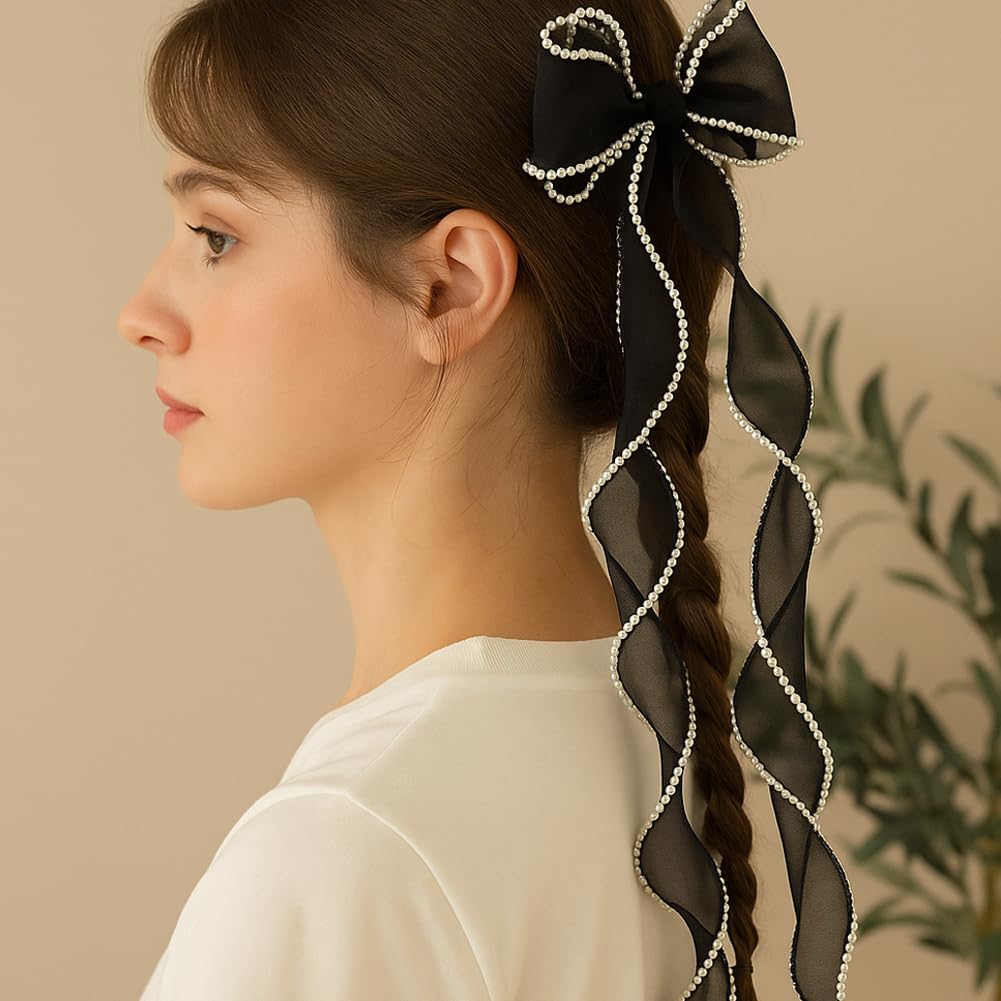 HOBBIESAY 2Pcs Long Tail Bow Hair Accessories with Pearls Polyester Bridal Hair Clips Bowknot Pearl Barrettes Bow Ribbon Hairpins for Wedding Party Festival Black and White 4.1x13.8 Inches - Image 2