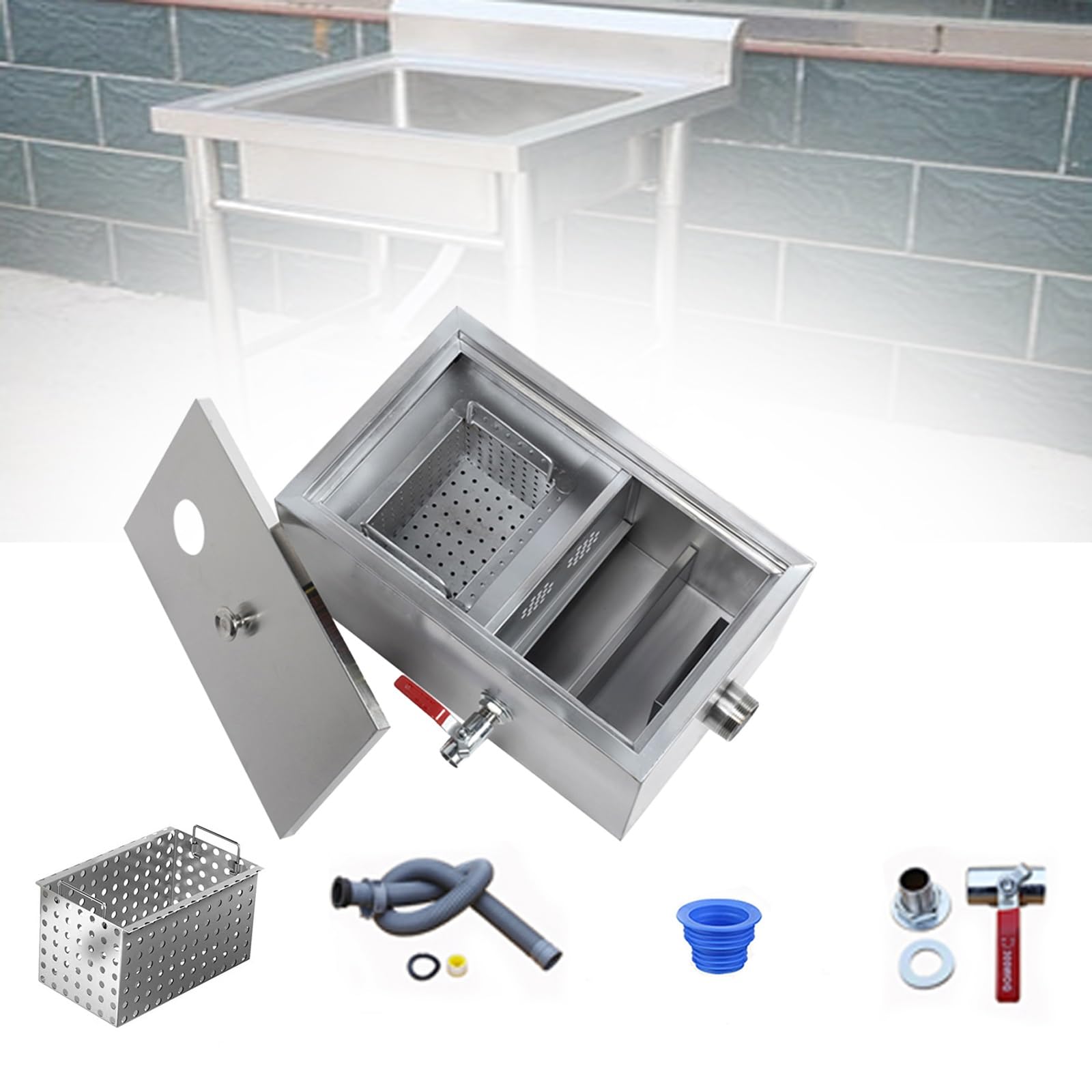 Interceptor de Acero Inoxidable, Separador de Grasas Bajo Fregadero, Trampa de Grasa Comercial Trampa de Grasa para Restaurante de Cocina(Size:35 x 25 x 23cm/14 x 10 x 9in)