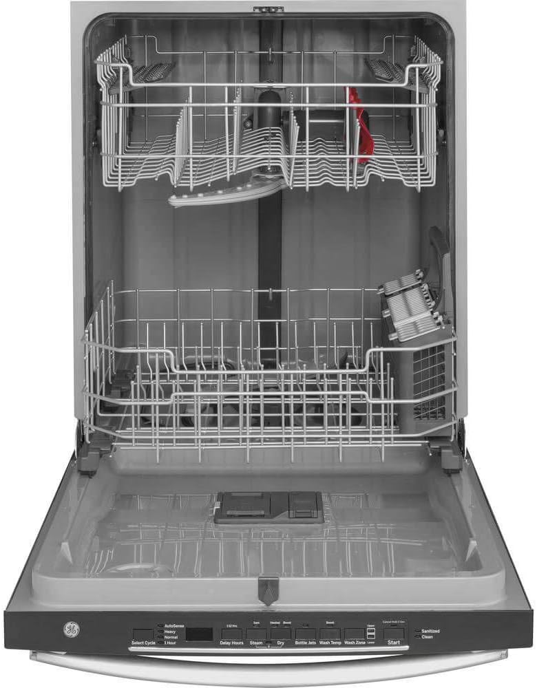 Interior view of the GE GDT605PSMSS Dishwasher with empty racks.