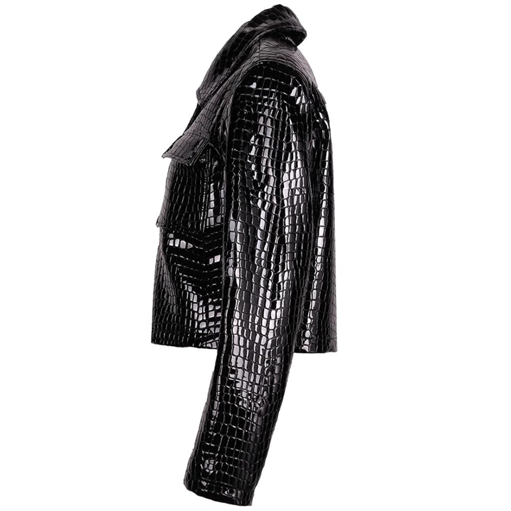 Shiny Black Patent Leather Jacket Women Single Breasted
