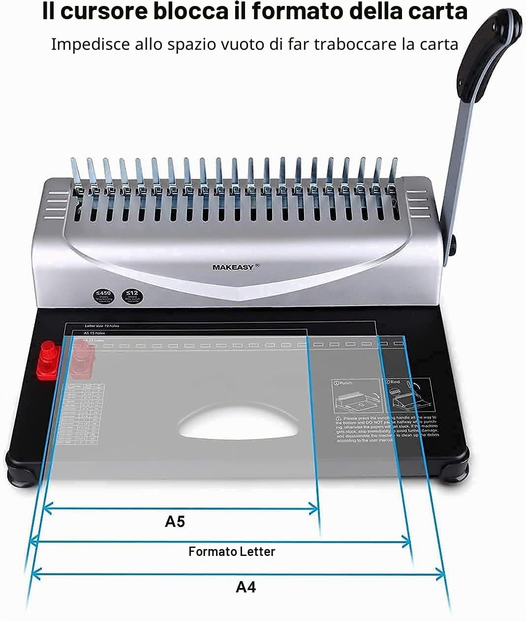 Makeasy Rilegatrice Metallica a 21 Fori, Rilegatrice Professionale Fino a 450 Fogli con 100 Pezzi 3/8" PVC Rilegatura a Pettine per Uso Domestico Ufficio Liberi Professionisti