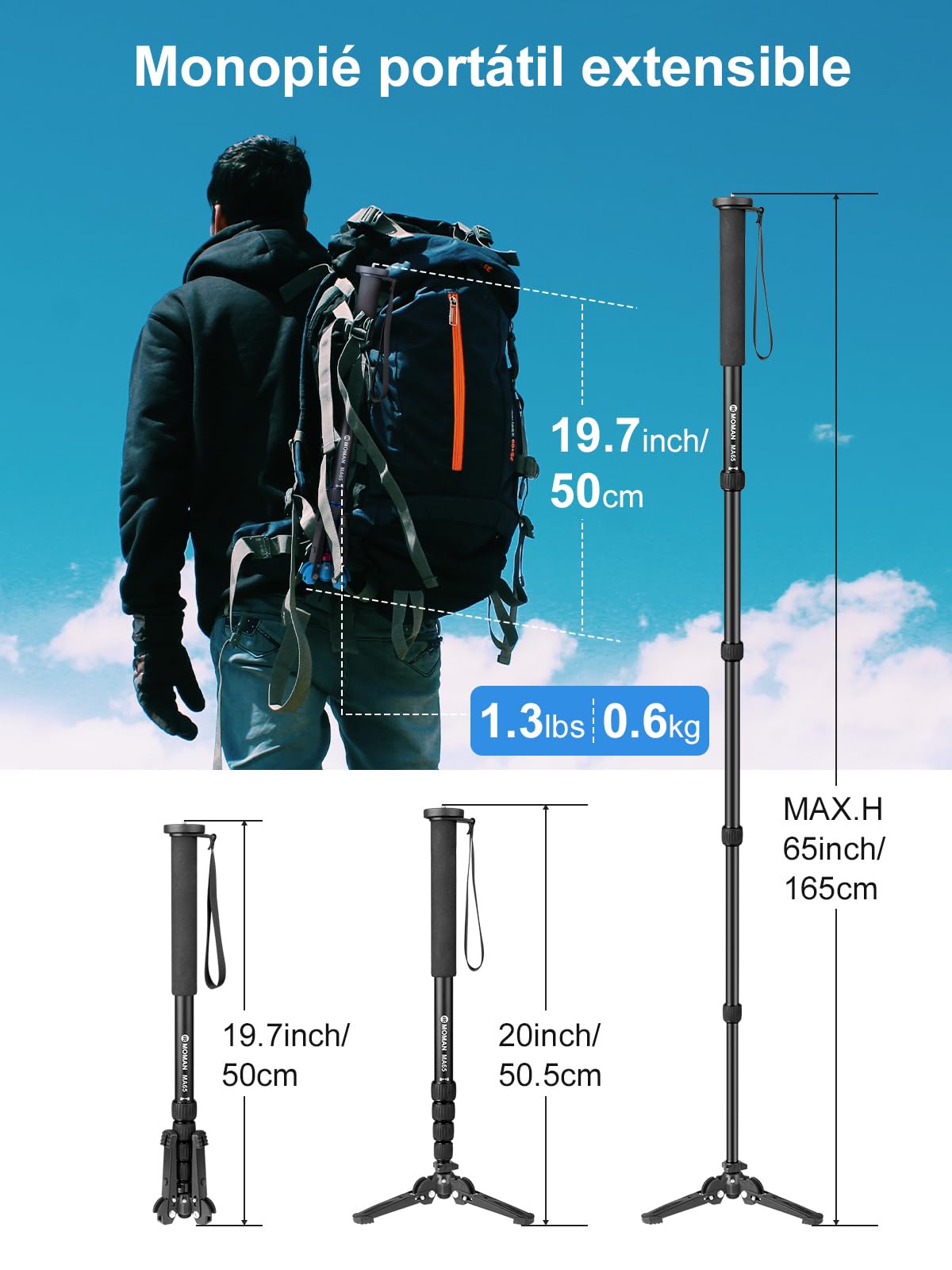 Moman MA65 Monopie Cámara Reflex, Monopod Viaje Ligero y Portáil para Vídeo Fotografia 50cm- 165cm Compatible para DSLR, Máxima Carga 10kg, Monopie-Cámara-Reflex-Vídeo-Fotografía