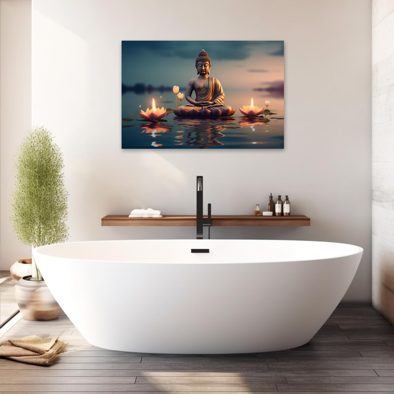 CXHOSTENT Lienzo decorativo para pared de Buda, pintura de estatua de Buda con flores de loto, obra de arte de spa zen para decoración de pared de oración budista (12 x 18 pulgadas)