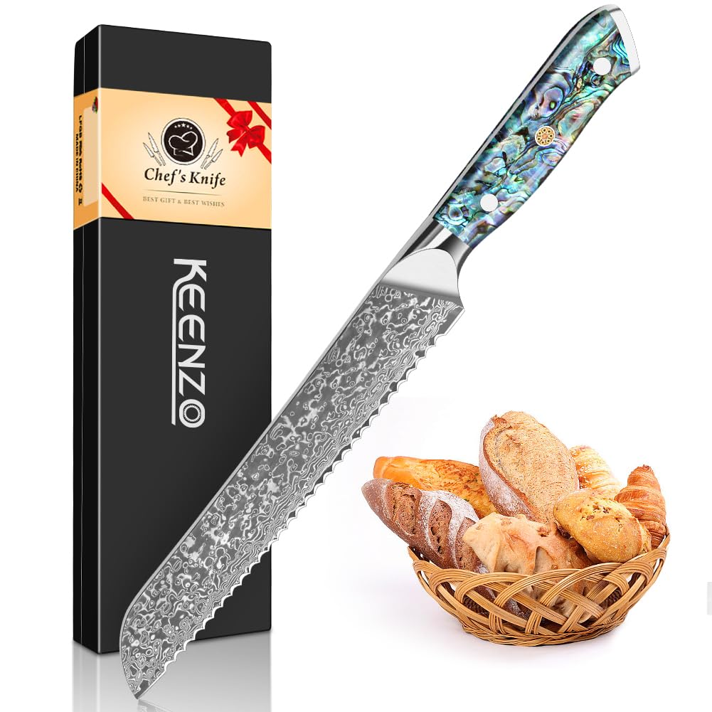 KEENZO 3PCS Kitchen Knife Set,Professional kitchen knives with 8" Chef knife,7" Santoku knife,5" Utility Knife,Japanese Hand Forged Damascus Steel Cooking knife set,Ergonomic Abalone Shell Handle — Amazon image 13