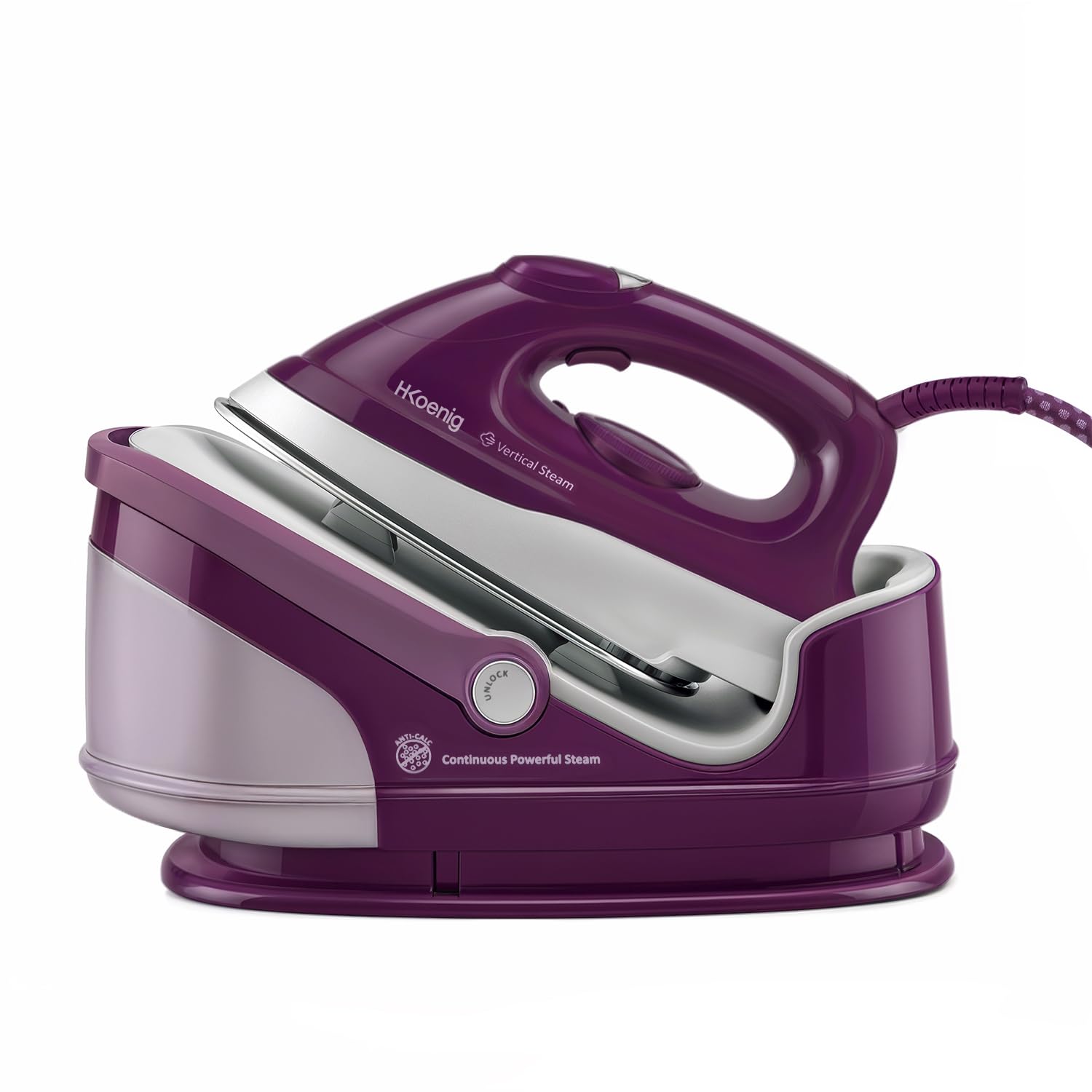 H.​Koenig V8 Centro de planchado vertical de alta presión 8 bares, vapor continuo 100 g/​min, autonomía ilimitada, suela cerámica, calentamiento rápido, 2400 W, depósito extraíble 1,​7 L