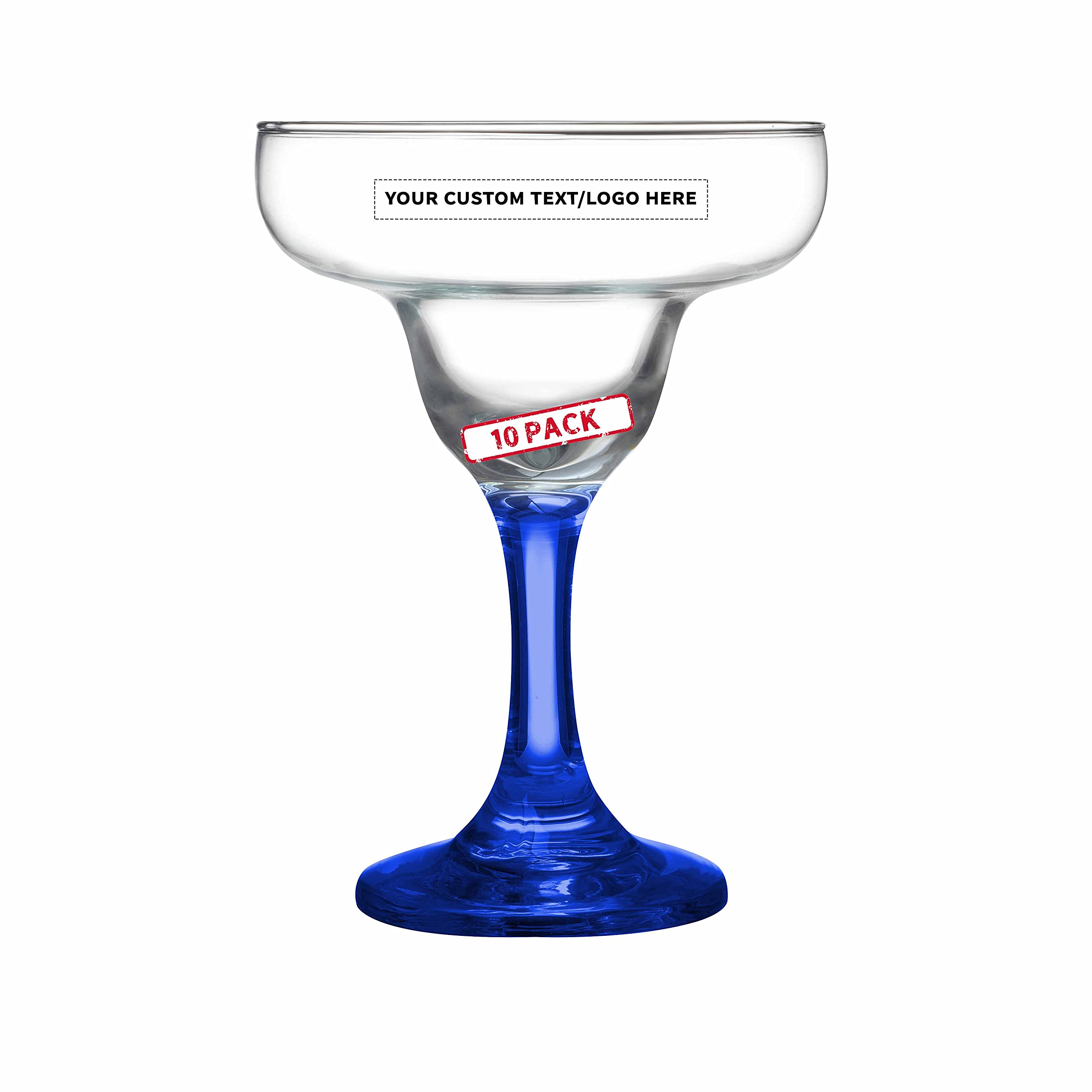DISCOUNT PROMOS 10 Margarita Glasses Set, 9 oz. - Personalized Text, Logo - Classic, Smooth, Barware, Glassware - Blue