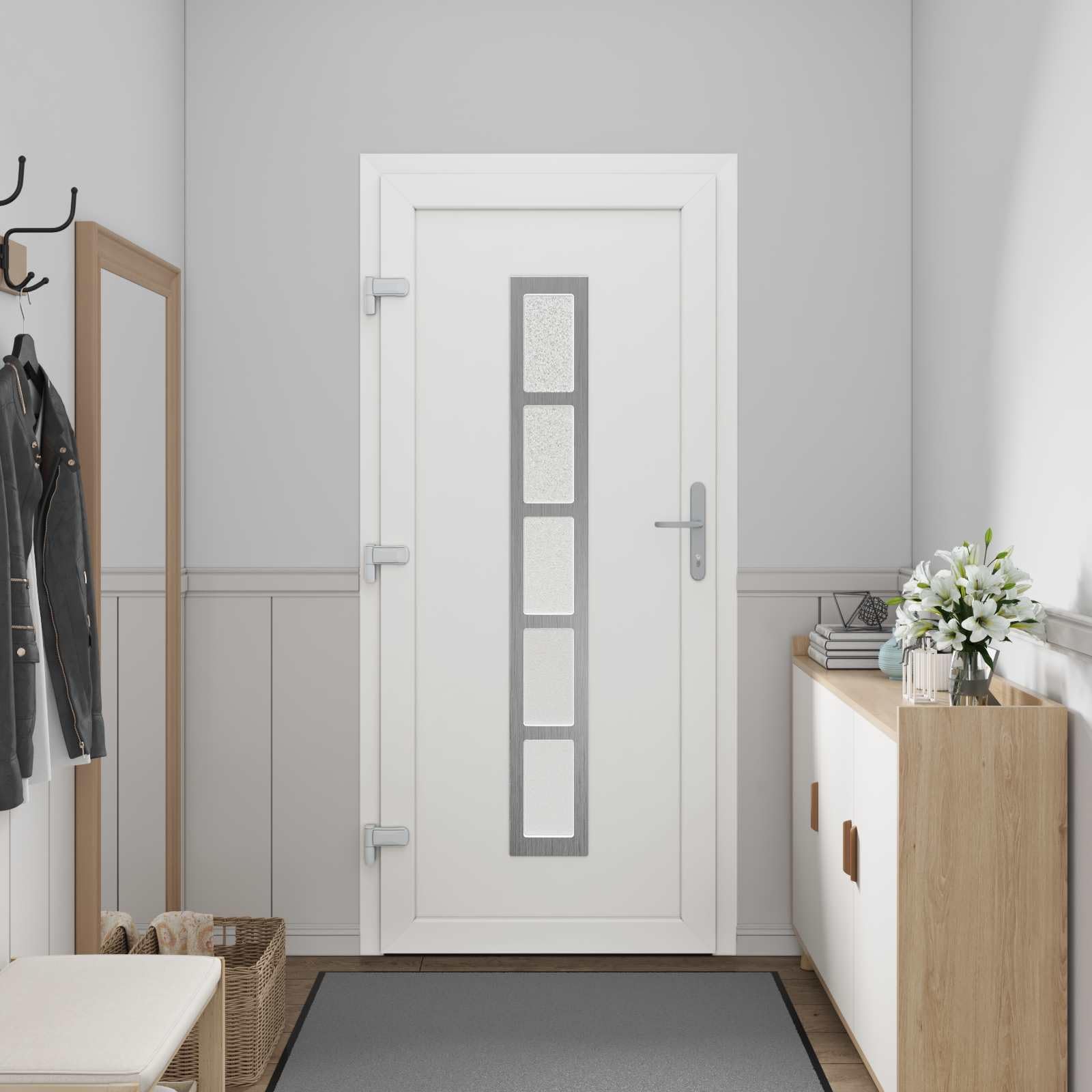 Vordertür Weiß PVC 98 x 200 cm Haustür für Eingang außen mit Glas, Mehrfachverriegelung, Schallschutz, Wärmedämmung, Schloss, Zarge, Beschlag, Dichtung für Neubau und Renovierung