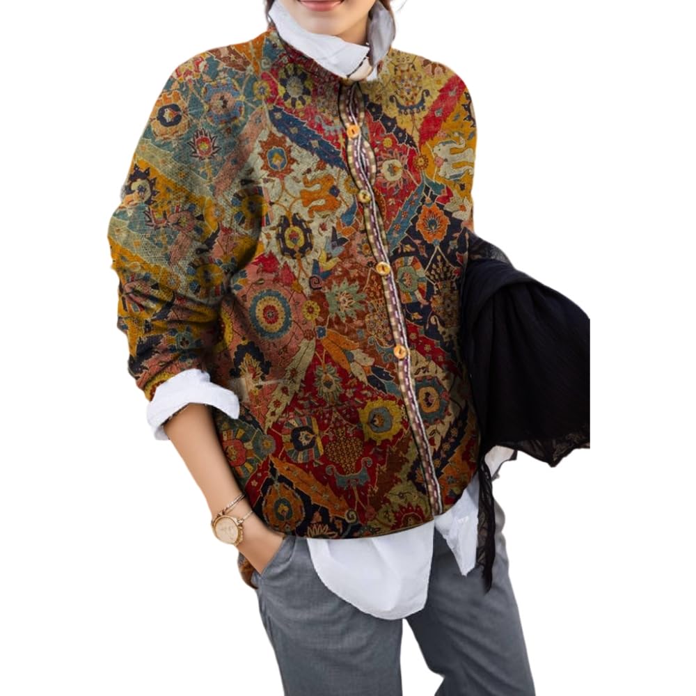 Womens Vintage Geometric Pattern Button Down Crew Neck Cardigan Sweater Casual Loose Floral Printed Long Sleeve Coat