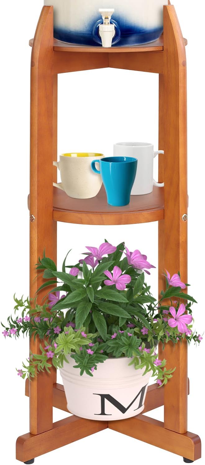 Natural Solid Wood Water Dispenser Floor Stand(32.8" Hight-11.2" Wide) Drink Dispenser Floor Stand with 2 Round Shelfs Included for 1-5 Gallon Water Bottles/Crocks, Water Jug and Plant Stand-Light