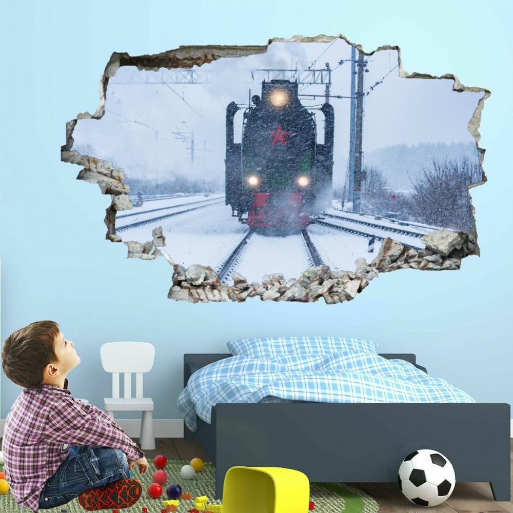 3D Smashed Wall Effect Retro Train Stickers Muraux Imperméables Art Amovible Hiver Neige Sticker Mural pour Enfants Garçons Filles Nursery Home Chambre Décoration Murale
