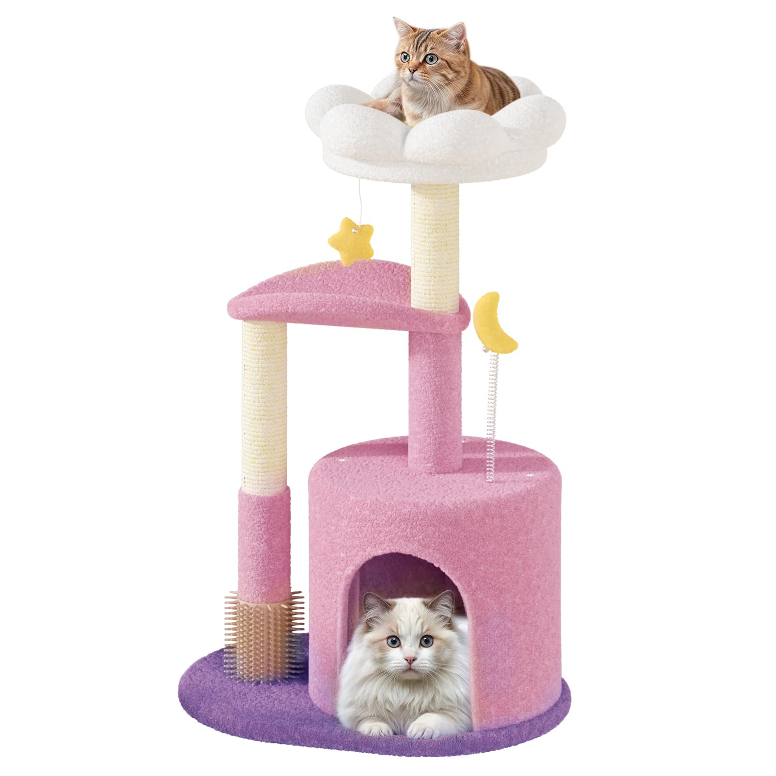Athena Collection Small Cat Tree Condo with Sisal Scratching Post, 33 Inch Modern Cute Flower Cat Tree Tower with Cozy Perch Toy Ball for Indoor, Kittens, Purple