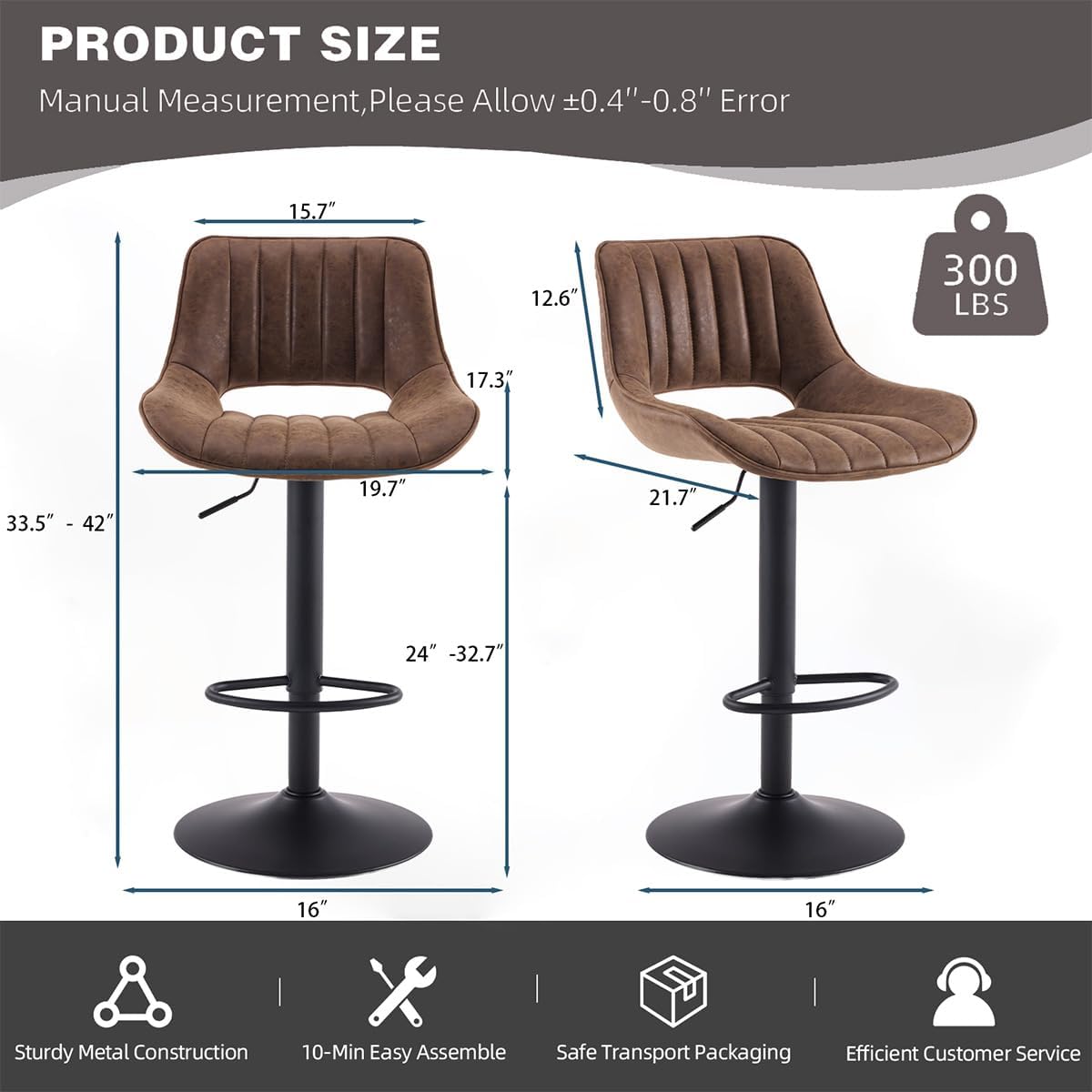 Brown Bar Stools Set of 2, Adjustable Swivel Barstools with Leather Seat and Metal Frame, Modern Counter Height Bar Chairs with Back & Footrest for Kitchen Island, Bar, Dining Room