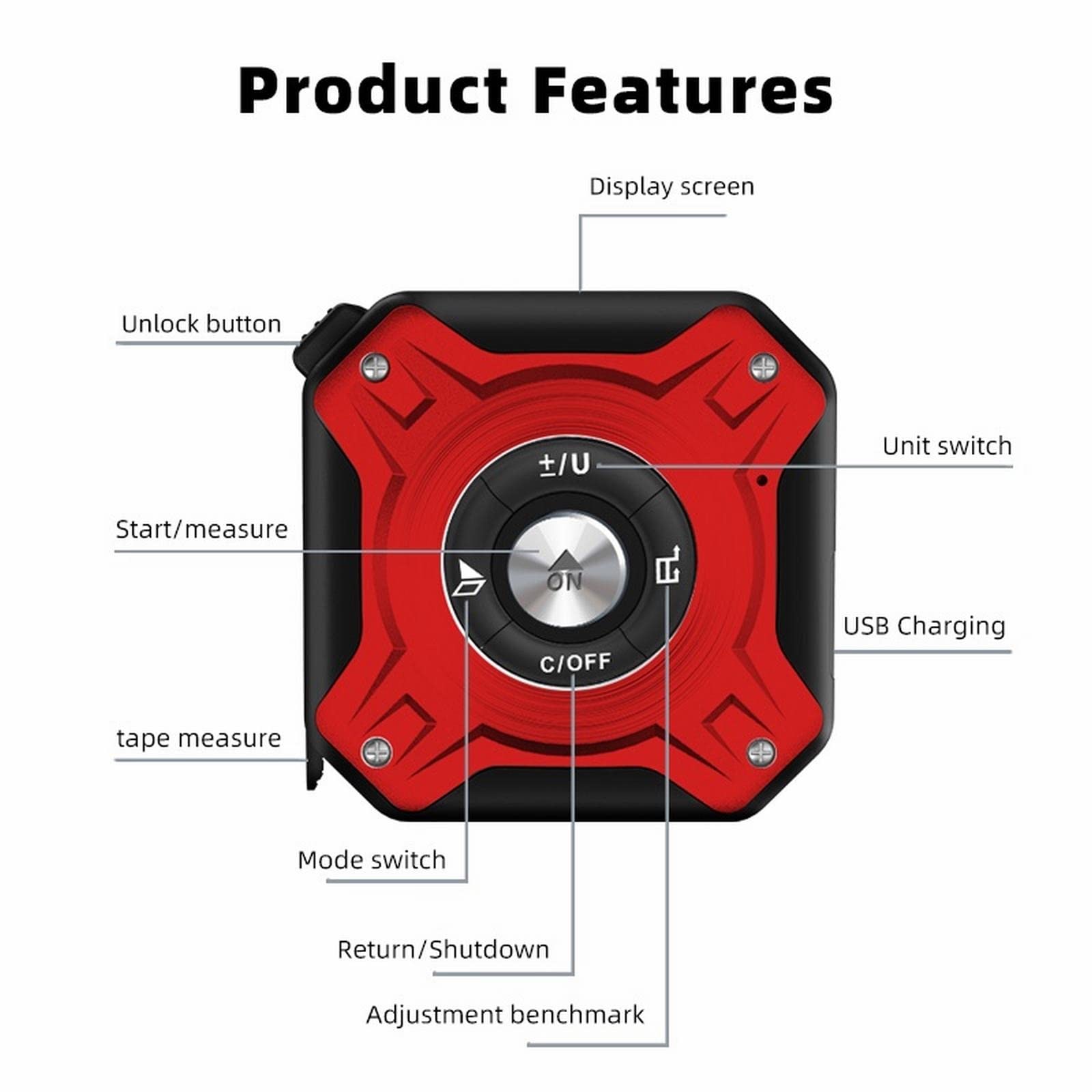 JINGYAN Cintas métricas USB Rechargeable Tape Measure Digital Display With Roll Cord Mode Laser