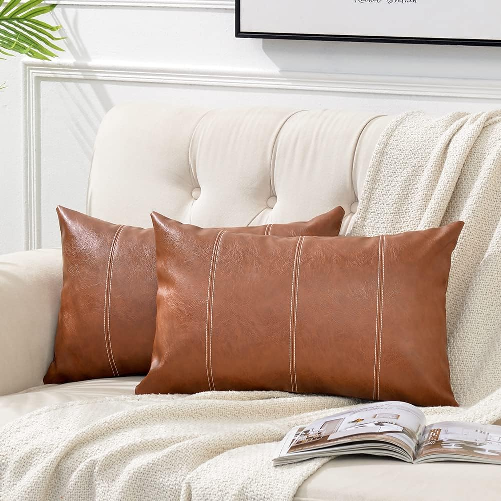 Fancy Homi 2 Packs Brown Boho Lumbar Faux Leather Decorative Throw Pillow Covers