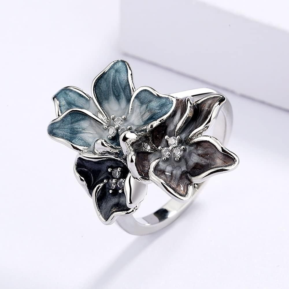 925 Sterling Silver Vintage Women's Ring Simple Fashion Enamel Floral Gemstone Ring Cocktail Rings Women Wedding Fashion Jewelry Size 6-10 CZC812 (8)