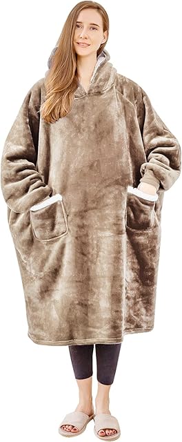 Aisbo Wearable Blanket Hoodie Oversized - Extra Warm Sherpa Fleece Hooded Blanket Thick for Adult Mens, Taupe Fluffy Snuggle Blanket Hoody Sweatshirt Women Gift for her