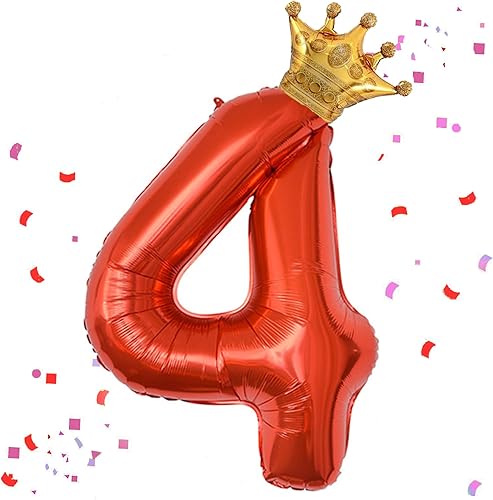 Globo rojo de 40 pulgadas con número 4 y corona pequeña para decoraciones de fiesta de cumpleaños, decoraciones de fiesta de cumpleaños de 4