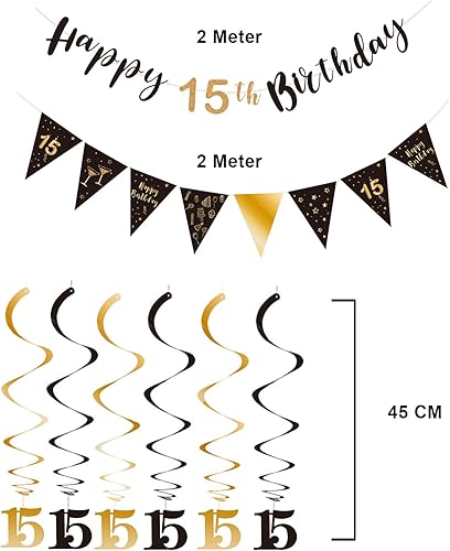 Miniatura 3 de BRT Bearingshui Kit de decoración de cumpleaños número 15 para niños y niñas, pancarta de feliz cumpleaños 15, serpentinas de remolinos, pancarta de