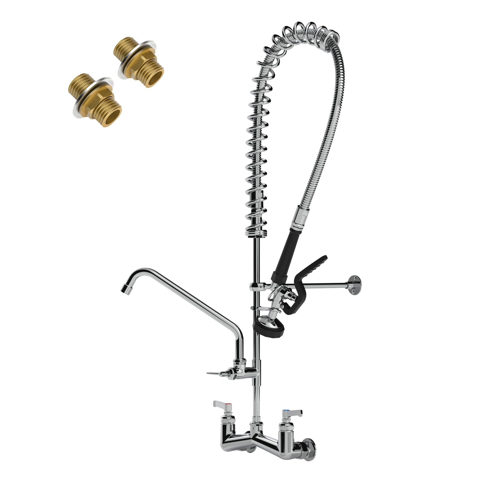 Commercial Sink Faucet with Sprayer 36"Height 8"Center Brass Constructed Wall Mount Commercial Kitchen Faucet with Pull Down Pre-Rinse Sprayer and 12" Swing Spout for 2/3 Compartment Sink(36")