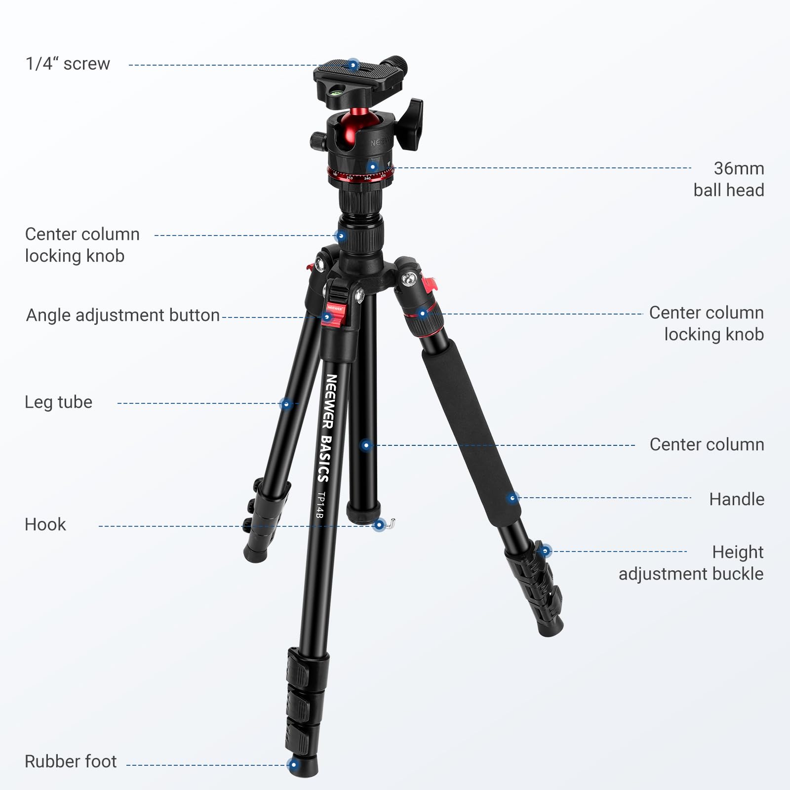 NEEWER Basics, statyw podróżny do aparatu, kompaktowy i lekki uchwyt do telefonu komórkowego DSLR (72 cali), głowica Arca, kompatybilny z iPhone Video, maksymalne obciążenie 6 kg, TP14B
