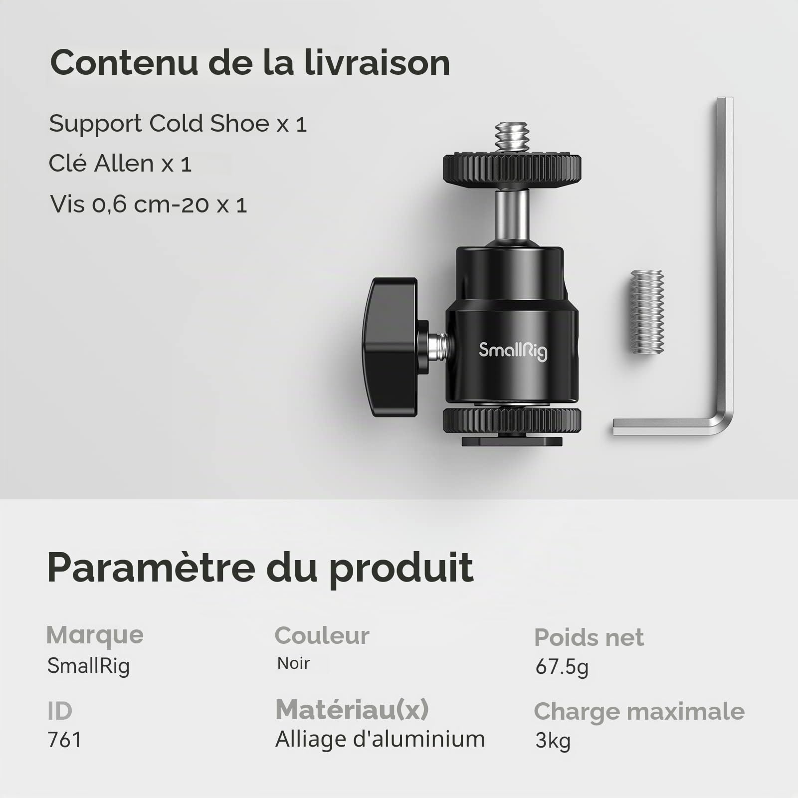 SMALLRIG Hot Shoe Mount Adaptateur Ball Head Mount Rotule Mini Moniteur Support avec Cold Shoe 761