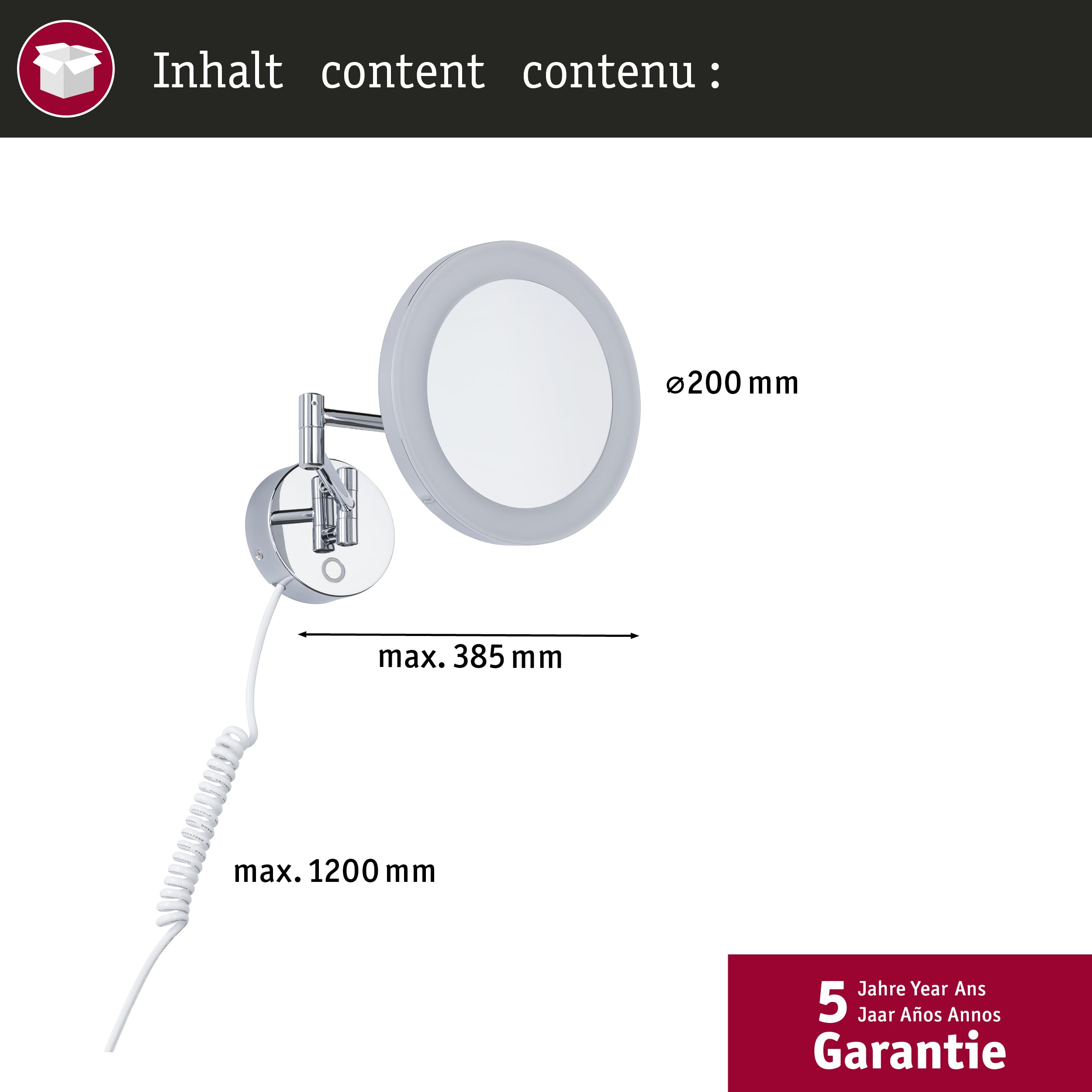 Paulmann 71148 LED Kosmetikspiegel Masua IP44 White Switch 55lm 230V 4W Chrom 3-fach Vergrößerung