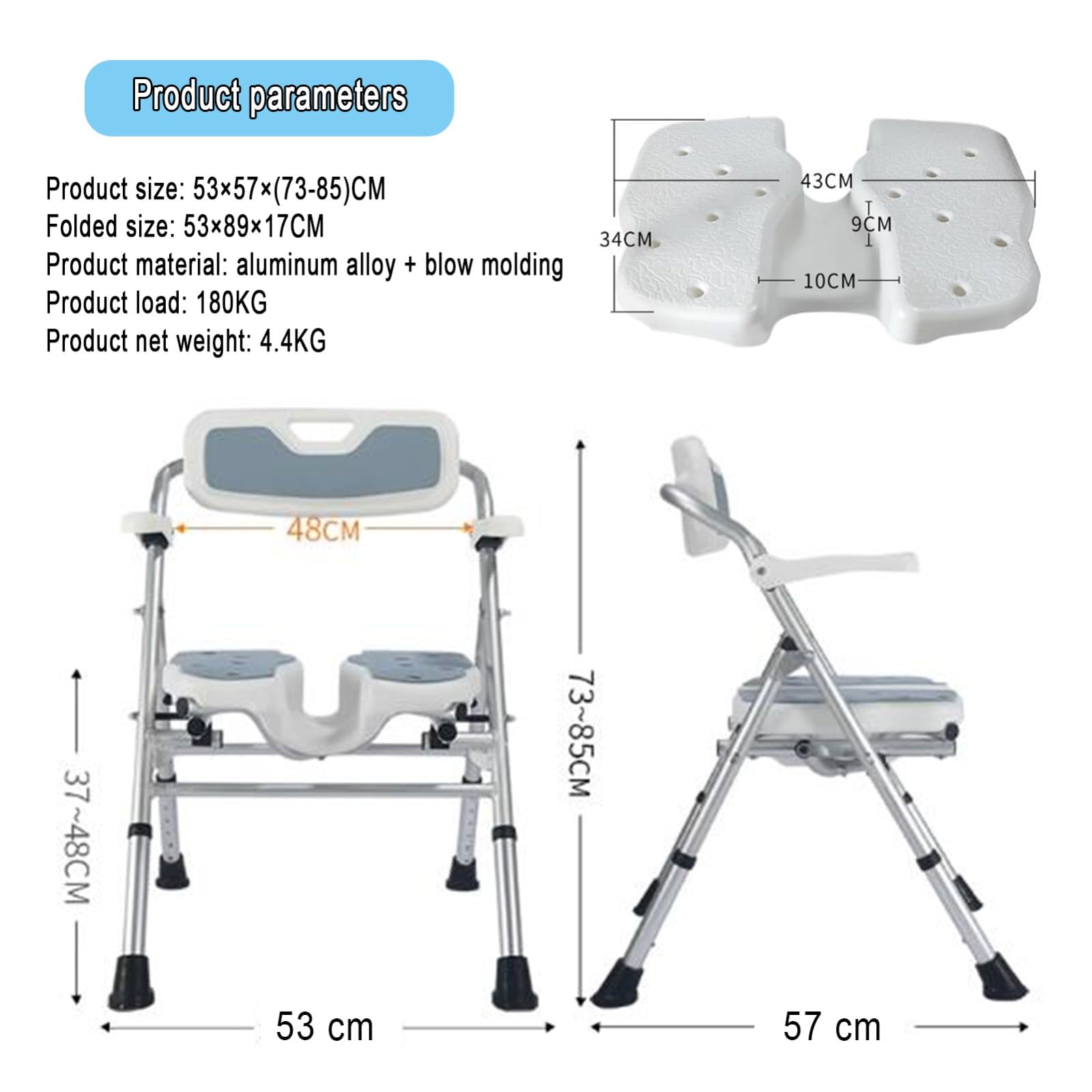 Sedia da doccia pieghevole con braccioli e schienale, sedia da doccia regolabile in altezza in 6 gradini, design antiscivolo, adatta for anziani, disabili, anziani e donne incinte