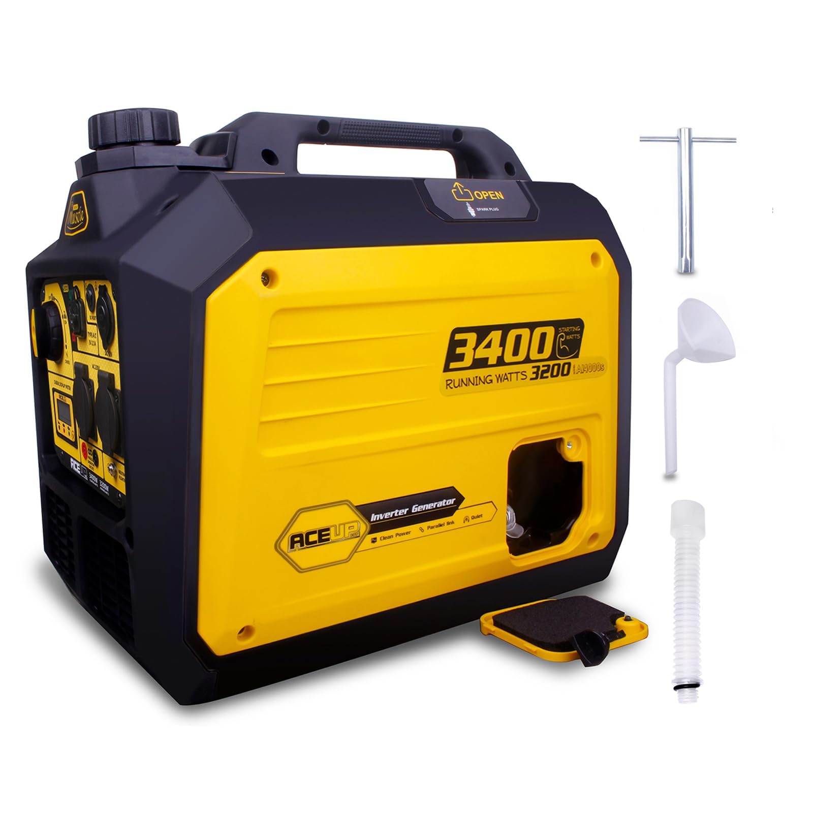Aceup Energy - Grupo electrógeno de gasolina, 3400W generador de emergencia portátil silencioso con pantalla digital, modo ecológico, para acampar, exterior, uso doméstico, viajes en RV