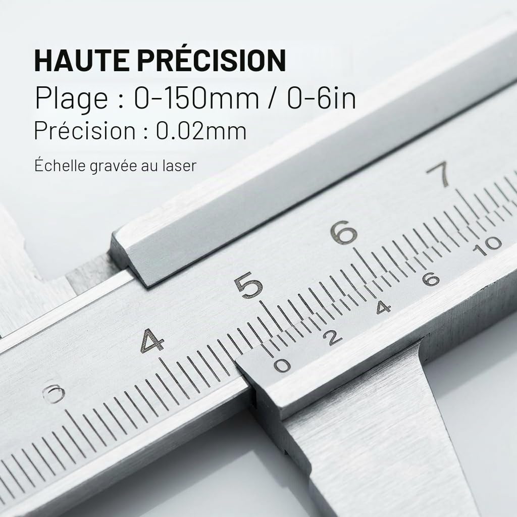 Pied à Coulisse 0-150mm Précision 0,02mm en Acier Inoxydable Vernier Mécanique Outil de Mesure Professionnel pour Bricolage Industrie et Atelier Calibre à Coulisse avec Étui de Rangement Robuste