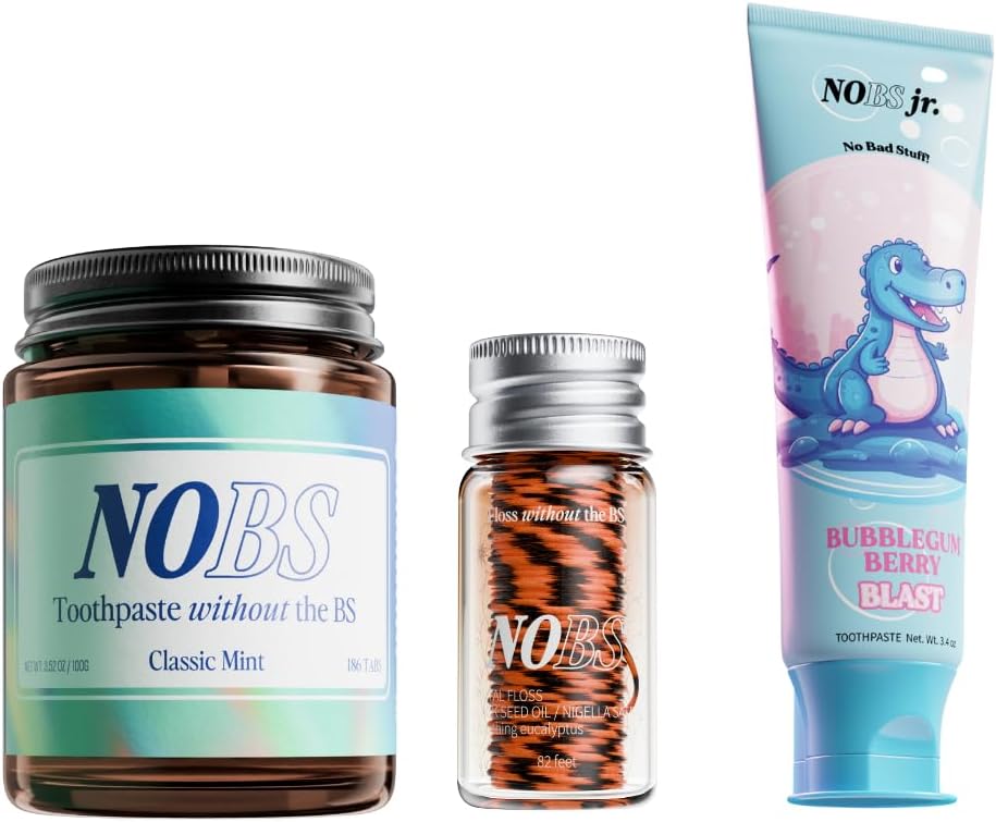 NOBS (No Bad Stuff) Toothpaste Tablets (3 Month), NOBS Jr, & Silk Bundle - Nano Hydroxyapatite, Fluoride Free, Eco & Travel Friendly - Remineralize with NHA