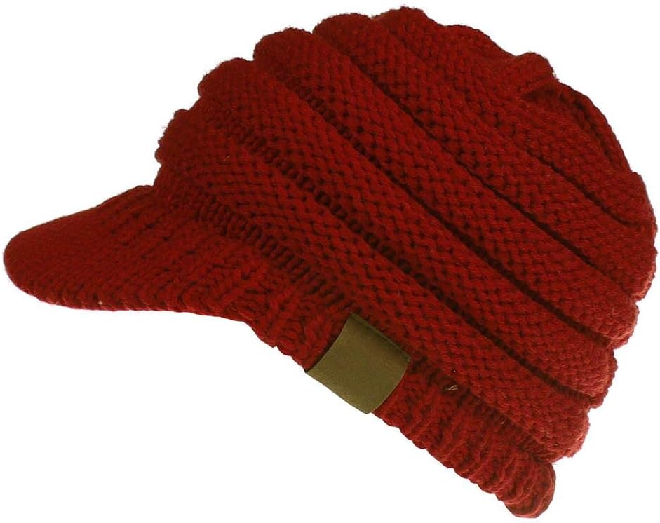 CCOBOB Weaving Ponytail Hat Warm Knit Messy High Bun Messy Visor Beanie Cap (Wine Red)
