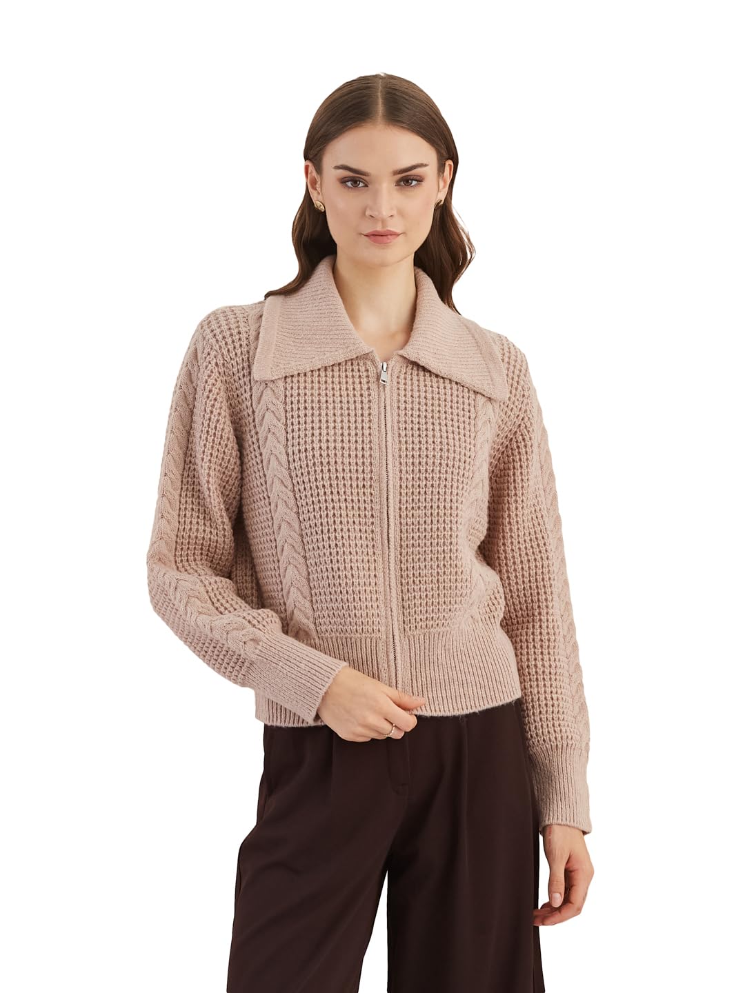 latin quarters Women's Beige Full Sleeves Collared Knitted Casual Regular Cardigan-picture-34