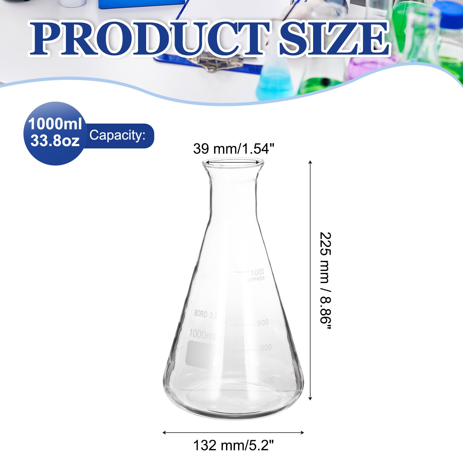 PATIKIL PATIKIL 1000ml 33.8oz Matraz Erlenmeyer De Boca De Vidrio De Silicona Arena|Ancha Matraz Cónico Borosilicato 3.3 Con Tapón Núcleo De Matraces Graduados Con Escala Impresa