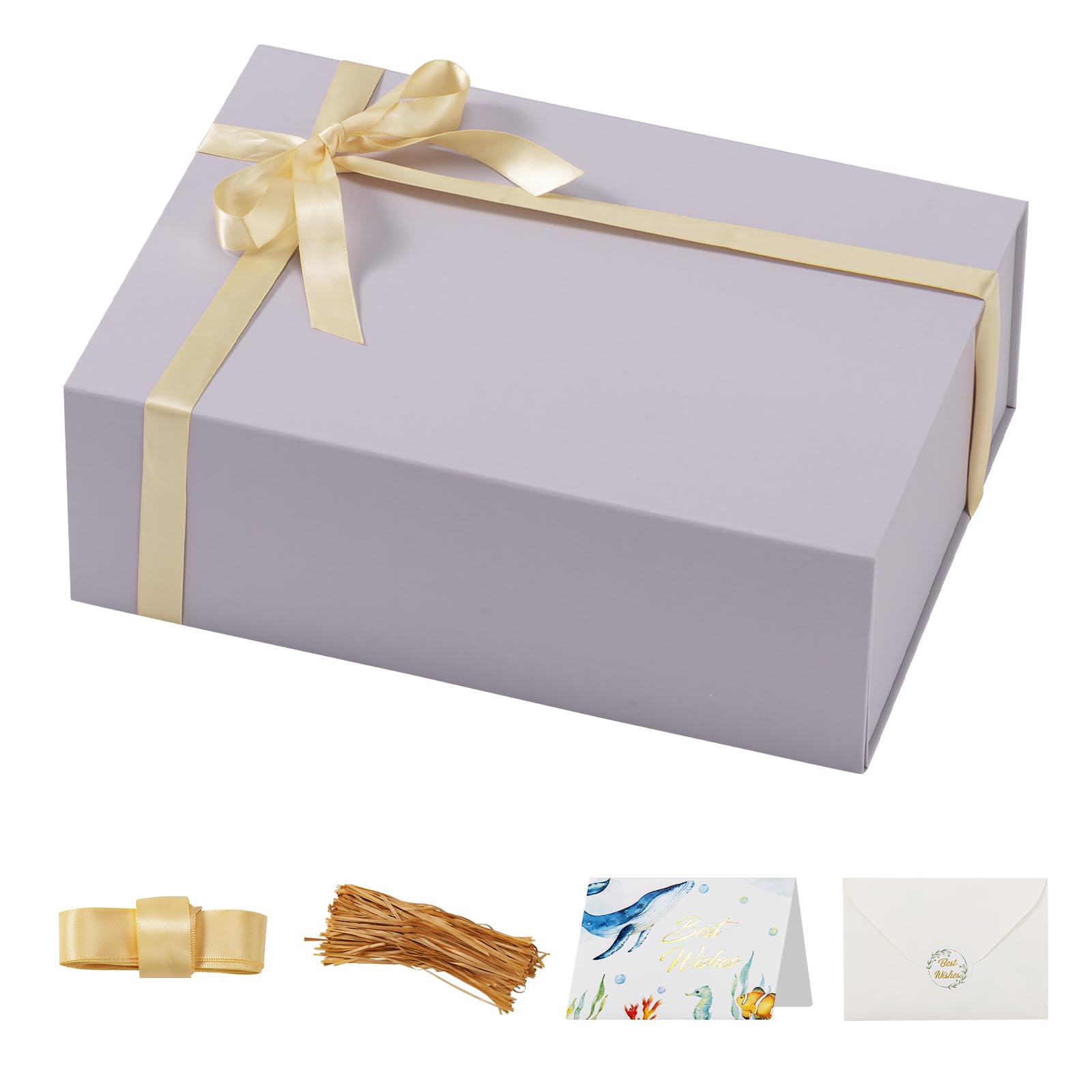 Large Gray Gift Box With Lid for Present 13x9x4.4 Inches - Magnetic Collapsible Decorative Box Contains Card, Ribbon, Raffia Paper Filler - for