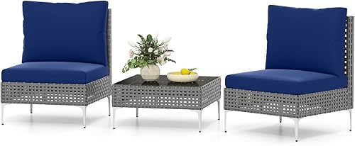 Tangkula Juego de muebles de patio de 3 piezas, sillas de conversación de ratán PE con mesa de centro de vidrio templado, respaldo suave y cojines