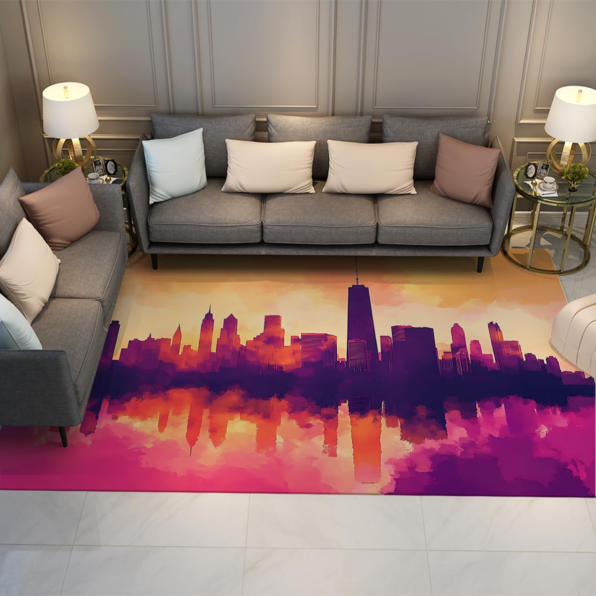 Zachód słońca pejzaż miejski panorama dywan do salonu 120 x 160 cm zmywalny niski runo | Ciepłe kolory zachodu słońca i sylwetki miasta dywan do salonów, mieszkań, studiów i biur