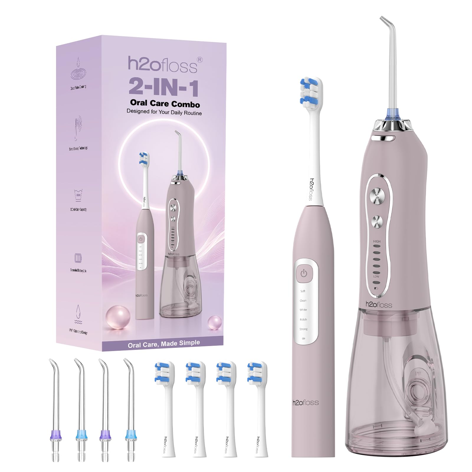 H2ofloss Spazzolino elettrico e idropulsore Combo - Irrigatore orale portatile senza fili e spazzolino sonico 2 in 1, 5 modalità, IPX7 impermeabile per apparecchi ortodontici e cura delle gengive