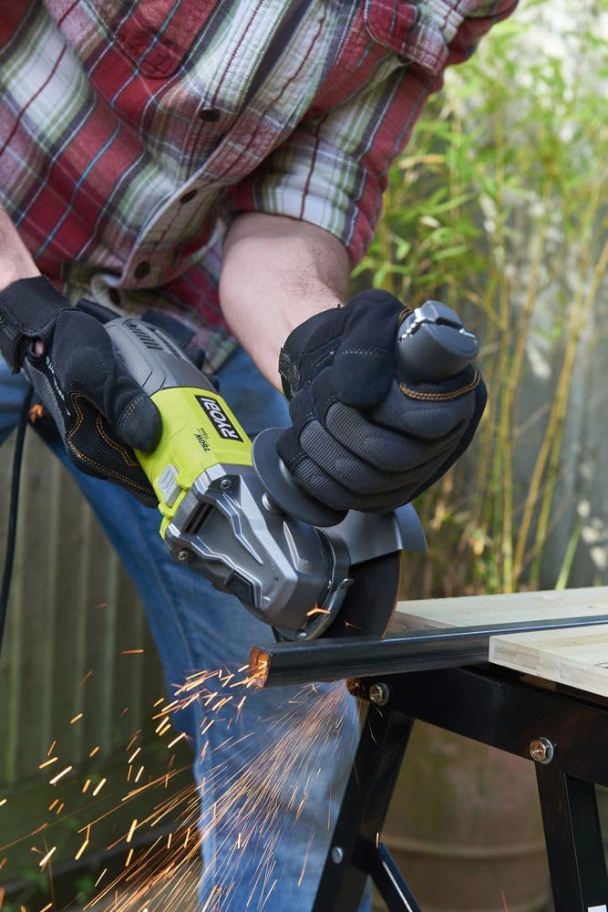 RYOBI 600W RAG600-115G Wired Angle Grinder – Disc Ø115mm, Shaft Locking, Side Handle, Ideal for Cutting and Deburring