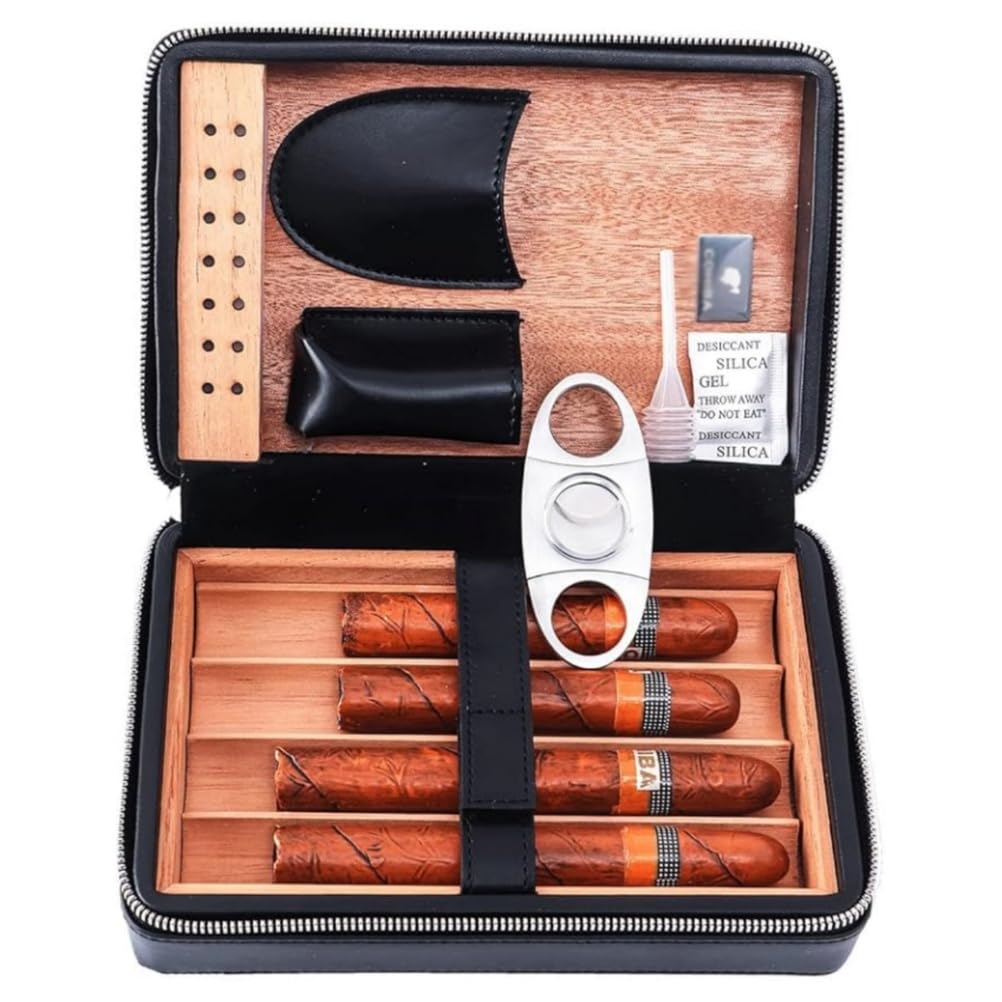 4- palcowe przenośne podróżne skórzane etui na cygara Humidor na cygara z przecinakiem i kontrolą wilgotności Zawiera przecinak do cygar Prezent dla mężczyzn