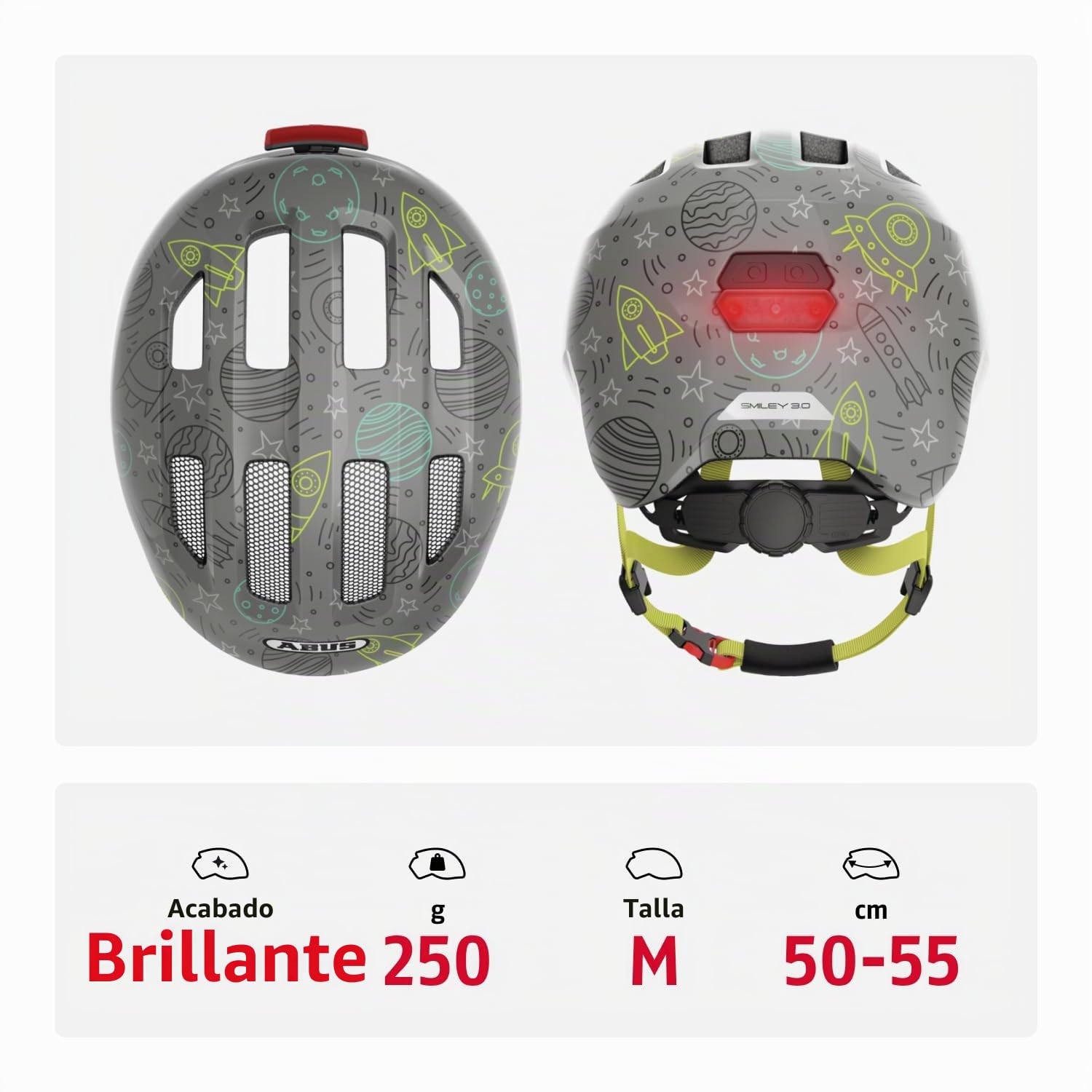 ABUS Kinderhelm Smiley 3.0 LED - Fahrradhelm mit Licht - tiefe Passform & Platz für Einen Zopf - für Mädchen und Jungs