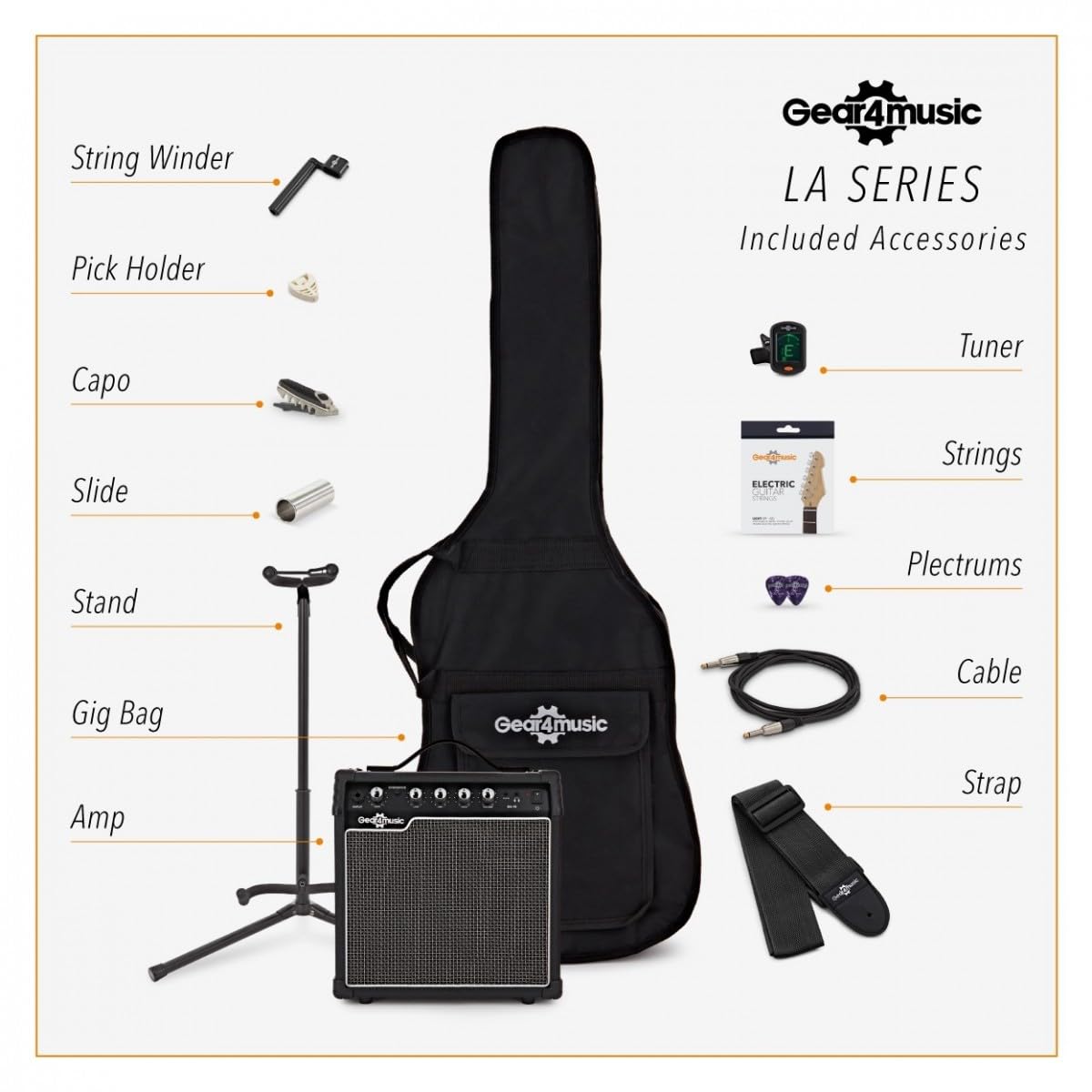 Chitarra Elettrica LA Bianca, Ampli 15W e Accessori | Manico e Corpo Leggeri e Comodi, Ampli Portatile con EQ 3 Bande e Overdrive, Ampli Pronto per il Palco e Pacchetto Completo