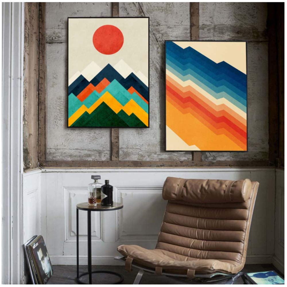 Cartel Abstracto Geometría Colorida Carteles e Impresiones Red Sun Mountain Wall Art Pictures Canvas Painting Decor-50x70cm con Marco