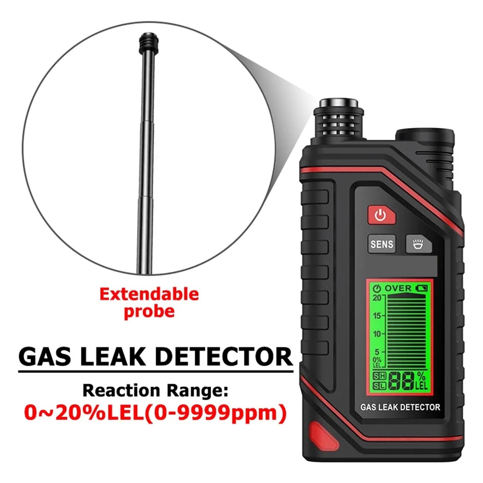 Detector de Gas, Detector de gas natural recargable, sonda extensible, monitor portátil de fugas de gas combustible.