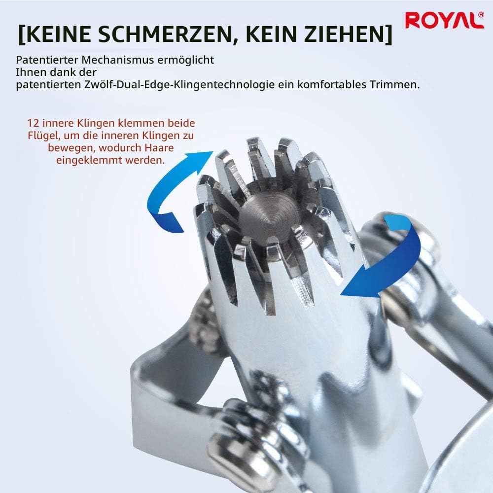 ROYAL Nasen- und Ohrhaarschneider aus Edelstahl, wasserdicht, manuell, batteriefrei, schmerzlos, 12 zweischneidige Klingen, patentierter Mechanismus