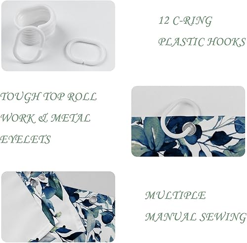 Vista 2 de Yeele Cortinas de ducha de tela acuarela con hojas de eucalipto estilo campestre floral para baño, cortina larga natural de primavera, impermeable